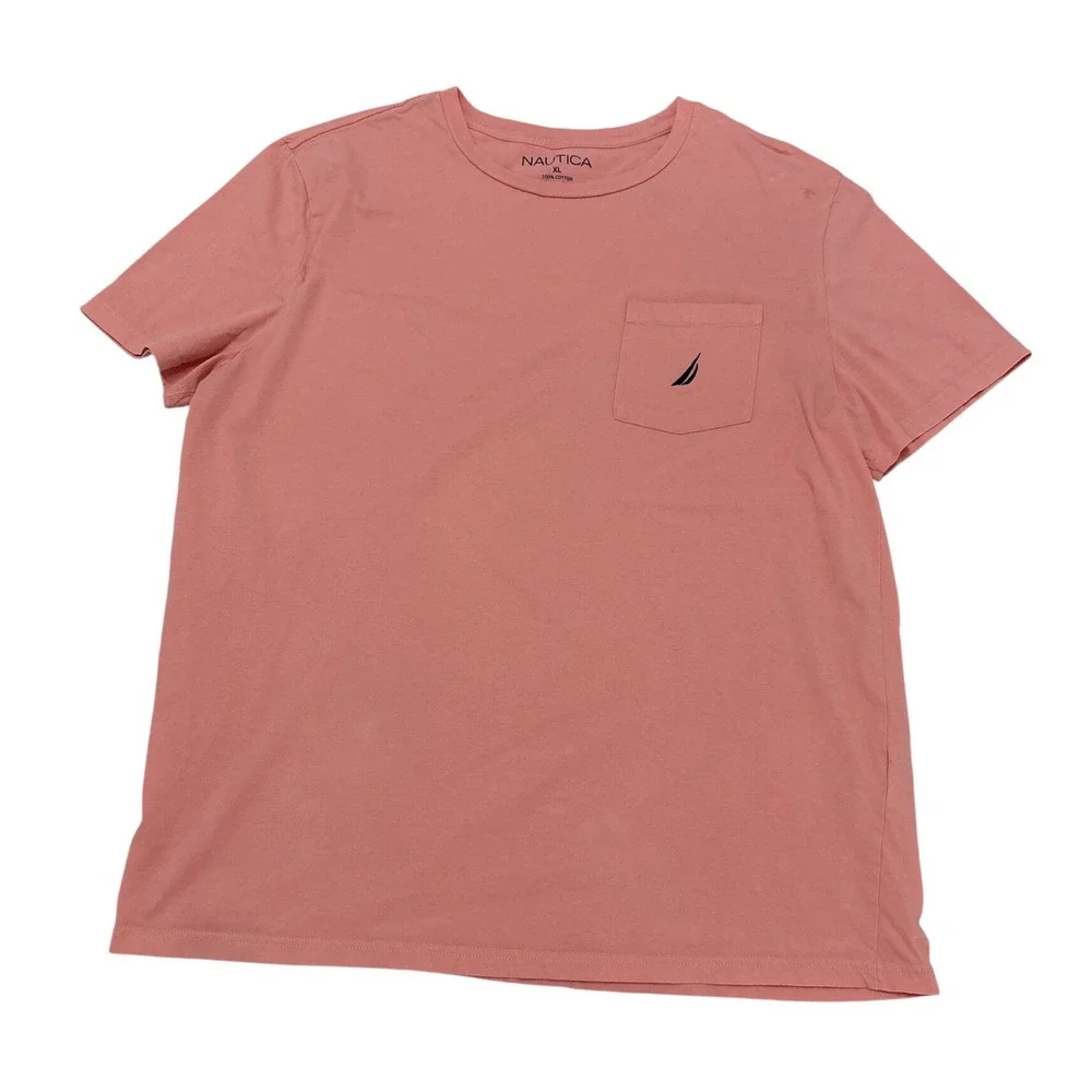 Nautica Mens XL Coral Pink Short Sleeve Cotton Pocket T-Shirt Embroidered Logo